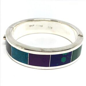 Taxco Mexico 950 Silver Vintage Chunky Heavy Multi-Gemstone Hinged Bracelet 7"